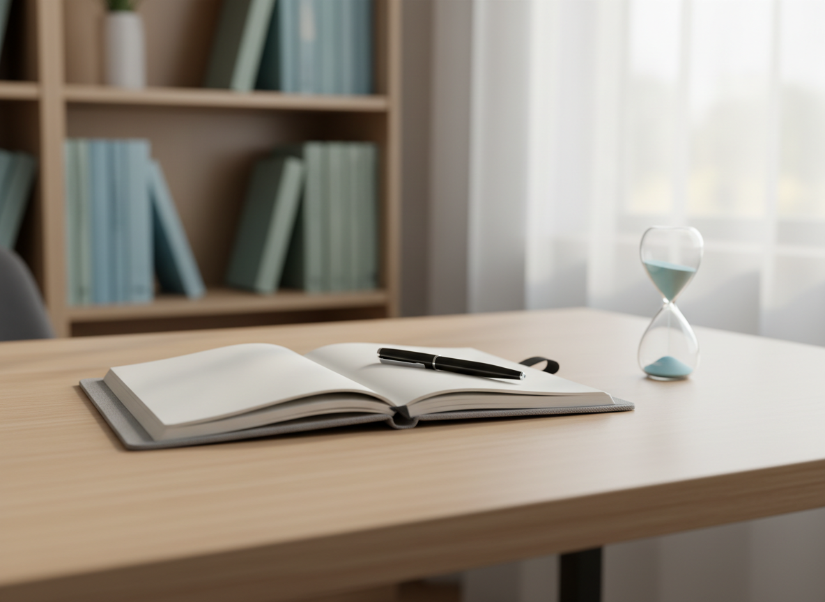 A neatly arranged counseling workspace featuring a smooth light-wood desk with a soft grey fabric notebook open to a blank page, a fine-tip pen resting diagonally across it, and a small sand timer with pale blue sand midway through. In the background, an uncluttered bookshelf holds well-worn psychology and wellbeing books, their spines in muted blues and greens. Gentle mid-morning daylight filters through a sheer curtain, casting calm, diffused light and subtle shadows. Photographic realism at eye level, with the notebook in sharp focus and the shelves softly blurred, creates a serene, professional atmosphere that suggests reflective mental health support and thoughtful counseling sessions.