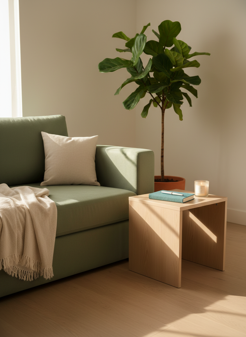 A minimalist, calming corner designed for self-reflection, featuring a low, deep-cushioned sofa in soft sage green with a folded cream throw blanket and a small square pillow. Beside it stands a light-wood side table holding a closed journal with a teal cloth cover, a fountain pen, and a small, flickering LED candle in frosted glass. A tall potted fiddle-leaf fig anchors the corner against a warm white wall. Early-morning natural light streams in from an unseen window, creating gentle highlights on the plant’s leaves and soft shadows on the floor. Photographic realism, captured at a slight angle with a cozy, intimate framing, evokes inner calm, emotional safety, and personal wellbeing.