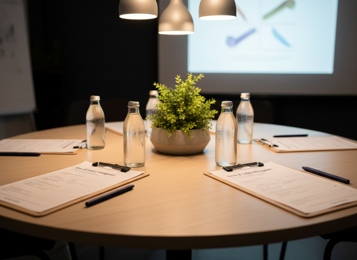 A round light-wood table arranged for a mental health workshop, with five evenly spaced clipboards holding printed worksheets titled "Stress & Anxiety Management" in clean, modern typography. Each clipboard is paired with a smooth navy-blue pen and a small clear glass bottle of water, beads of condensation visible. In the center of the table, a simple concrete planter holds a lush green plant, adding life and texture. Overhead pendant lights cast soft, warm illumination, while an out-of-focus projector screen glows gently in the background. Photographic realism, shot from a slightly elevated angle with shallow depth of field, creates a professional yet welcoming atmosphere for group trainings and psychoeducation sessions.