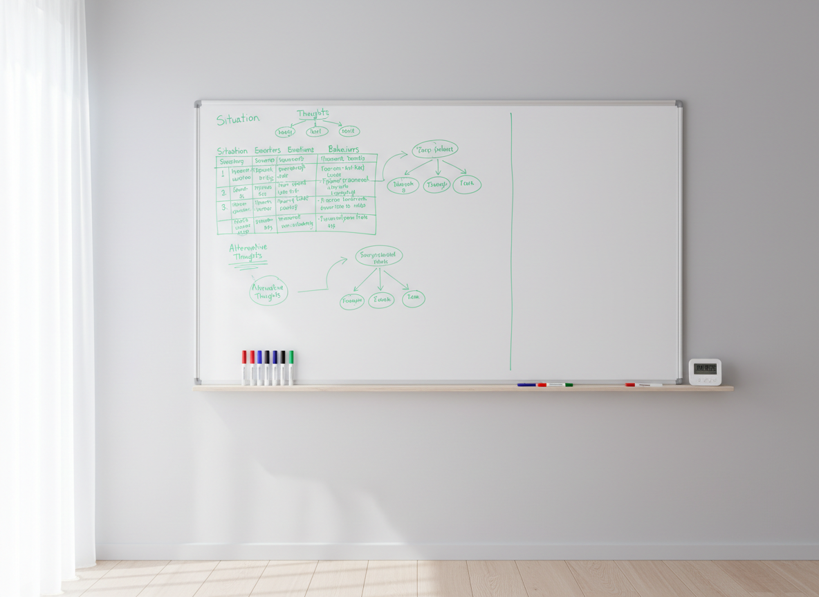 A clean whiteboard mounted on a soft dove-grey wall, filled on one side with neatly handwritten CBT thought records and simple diagrams in blue and green marker, leaving ample blank space on the other side. Below, a slim floating shelf holds an organized row of colored markers and a small digital timer. A nearby window lets in bright but diffused daylight, illuminating the board’s glossy surface and casting faint reflections onto a minimalist light-wood floor. Photographic realism, captured straight-on at eye level with crisp focus, conveys structure, clarity, and evidence-based psychological support, ideal for explaining cognitive-behavioral techniques without any human presence.