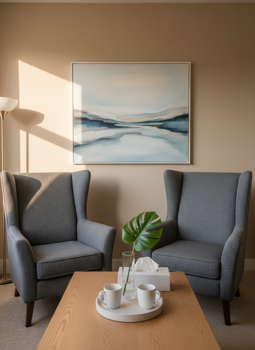 A pair of comfortable, high-backed armchairs upholstered in soft, textured charcoal fabric facing each other across a low oak coffee table, symbolizing couples counseling. On the table rests a small ceramic tray with two identical white mugs, a neatly folded tissue box, and a single green leaf in a clear glass vase. The room’s walls are painted a soothing warm beige, with a large abstract artwork in soft blues and neutrals hanging behind. Warm, indirect lamp light and faint late-afternoon window light combine to create a cozy, secure mood. Photographic realism, shot from a slightly elevated angle with balanced composition, emphasizes safety, equality, and open dialogue without showing any people.